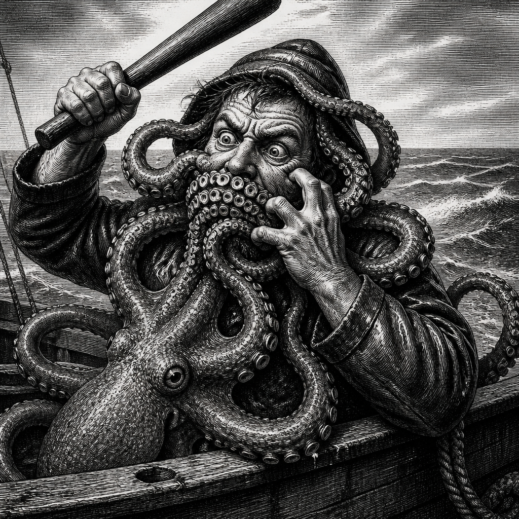 Octopus Attacks Fisherman's Face, Requires Clubbing