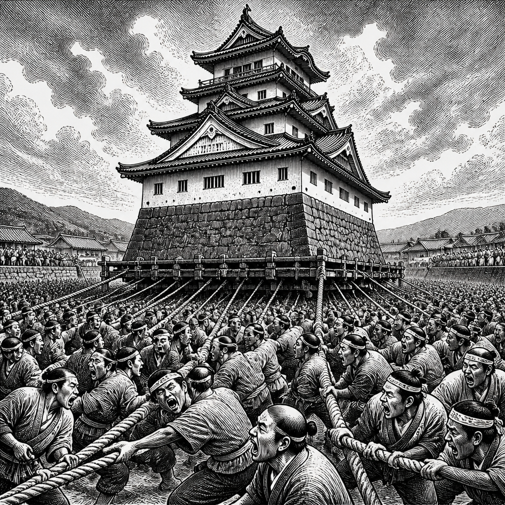 Thousands Use Ropes & Chants to Relocate Japanese Castle