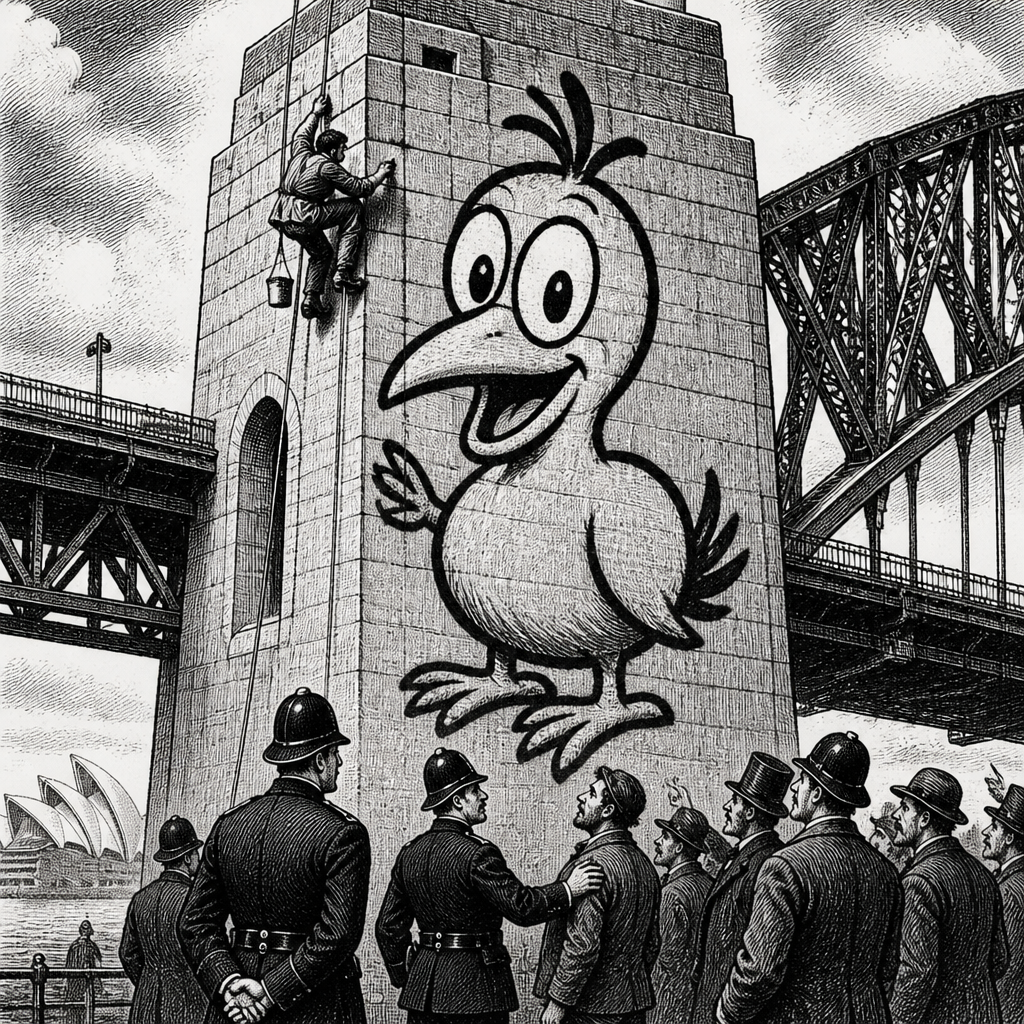 Cartoon bird graffitied on Australian bridge tower