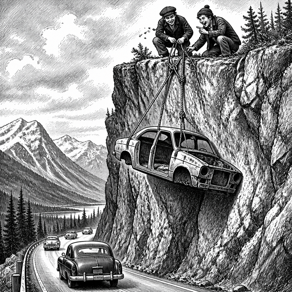 Pranksters Hang Car From Cliff Above BC Highway