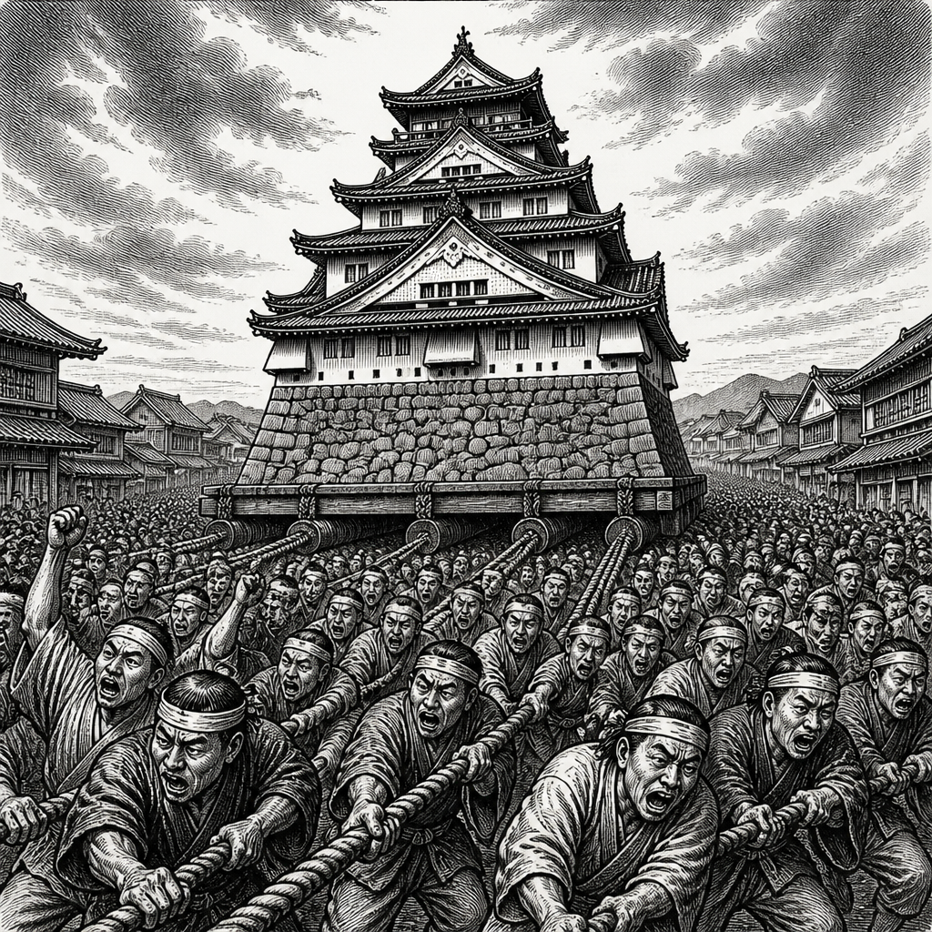 Chanting Throngs Drag Japanese Castle Through Streets