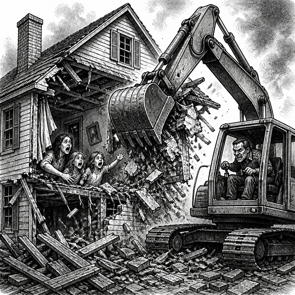 Man Destroys Family Home with Excavator After Wife Files for Divorce